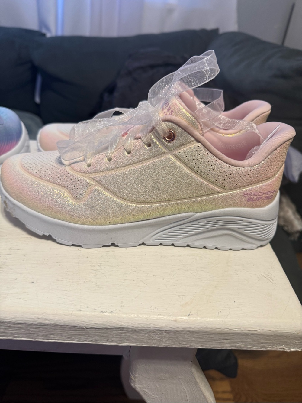 Skechers Girls' Shimmer Pink and White Slip-In Sneaker